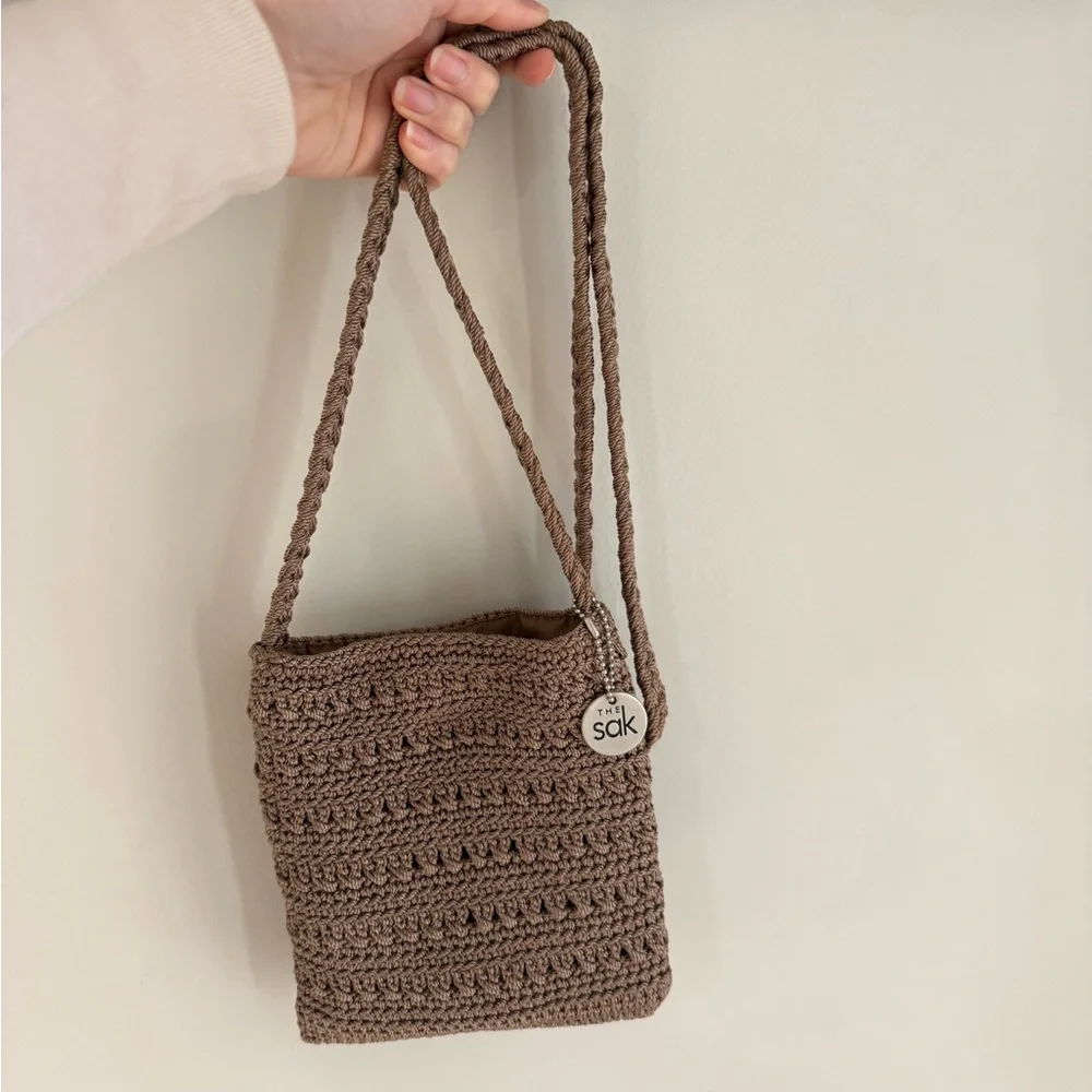 The Sak Crochet Knit Boho Small Crossbody Bag - Light Brown/Taupe